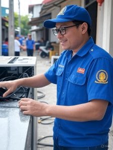 Kỹ thuật viên chuyên nghiệp đang thi công lắp mạng VNPT Đông Anh