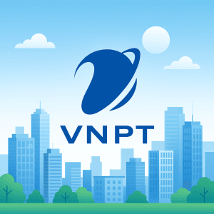 Logo VNPT Đại Mỗ Nam Từ Liêm với hình nền thành phố hiện đại và trời xanh.