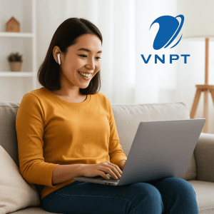 Một khách hàng đang Vui vẻ sử dụng dịch vụ lắp mạng VNPT tại Ngọc Lâm