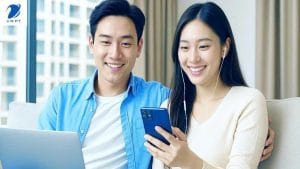 Cặp đôi trẻ đang sử dụng Internet tốc độ cao trên điện thoại và laptop tại phòng khách sáng sủa, minh họa cho cuộc sống hiện đại khi lắp mạng VNPT tại chung cư Sunshine Green Iconic