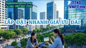 Hình ảnh minh họa một gia đình tại khu đô thị Times City sử dụng internet với dịch vụ lắp mạng VNPT khu Times City, giữa khung cảnh hiện đại với tòa nhà cao tầng và cây xanh, thể hiện kết nối nhanh chóng và tiện lợi.