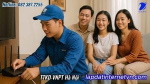 Kỹ thuật viên VNPT đang lắp mạng cho một gia đình tại quận Cầu Giấy, Hà Nội – thể hiện sự chuyên nghiệp và tận tâm trong dịch vụ lắp mạng VNPT Cầu Giấy.