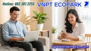 Cặp đôi trẻ tại Ecopark Hưng Yên sử dụng laptop và điện thoại với đường truyền Internet từ dịch vụ lắp mạng VNPT Hưng Yên khu Ecopark, kèm hotline và website đăng ký.