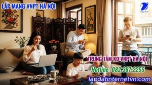 Gia đình Việt Nam vui vẻ sử dụng internet tốc độ cao từ khuyến mãi lắp mạng wifi VNPT, mỗi người một thiết bị: laptop, điện thoại, tablet.