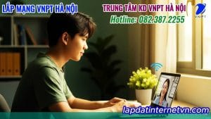 Một sinh viên Việt Nam đang học trực tuyến qua laptop, tận hưởng đường truyền lắp mạng VNPT phường Ngọc Hà ổn định