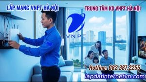 Hình ảnh kỹ thuật viên VNPT đang lắp đặt modem cho một gia đình tại căn hộ hiện đại, nhìn ra quang cảnh Hồ Tây, thể hiện dịch vụ chuyên nghiệp khi Lắp Mạng Internet WiFi VNPT Phường Tây Hồ.