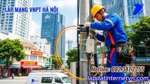 Kỹ thuật viên VNPT đang thi công cáp quang, đảm bảo hạ tầng cho việc lắp mạng internet wifi VNPT phường Phúc Lợi.