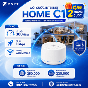 Gói Home C1 VNPT mang đến tốc độ Internet tối thiểu 300Mbps, hỗ trợ WiFi 6 và WiFi Mesh 6 hiện đại, phù hợp cho gia đình có nhu cầu sử dụng mạng tốc độ cao. Đăng ký gói Home C1 VNPT tại Hà Nội còn được hưởng ưu đãi tặng đến 2 tháng cước hấp dẫn