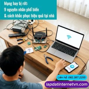 Hình ảnh mô phỏng tình trạng mạng hay bị rớt do modem, router và thiết bị kết nối không ổn định trong gia đình