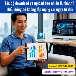 Hình ảnh minh họa giải thích tốc độ download và upload bao nhiêu là nhanh khi sử dụng internet cho gia đình, học online và làm việc tại nhà.