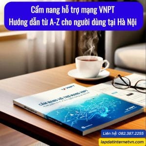 Cuốn cẩm nang hướng dẫn hỗ trợ mạng VNPT chuyên sâu đặt trên bàn gỗ cùng tách cà phê, phục vụ người dùng internet tại khu vực Hà Nội.