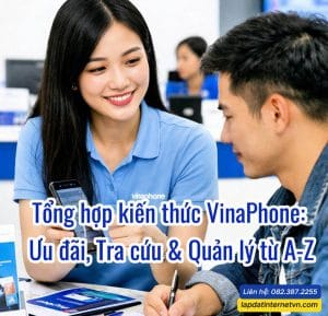 Nhân viên tư vấn hướng dẫn khách hàng tra cứu và sử dụng kiến thức VinaPhone tại quầy giao dịch