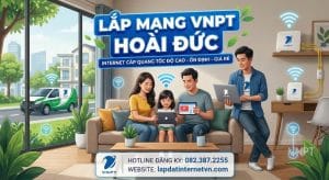 Hình ảnh quảng cáo lắp mạng VNPT tại Hoài Đức với gia đình hạnh phúc đang sử dụng internet tốc độ cao, ổn định trên nhiều thiết bị và ô tô dịch vụ lưu động bên ngoài.
